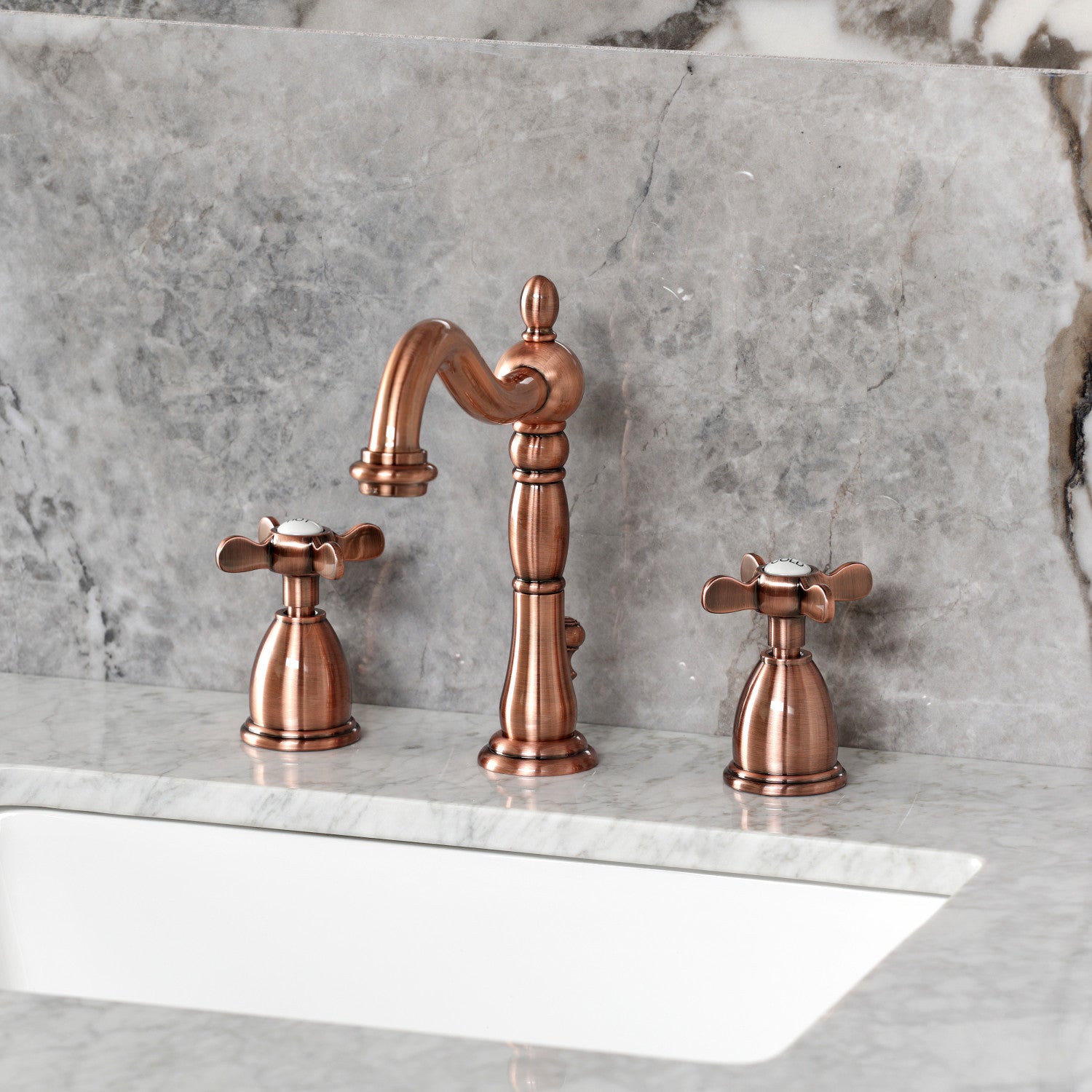 Kingston Heirloom KB197BEXAC - Essex Two-Handle 3-Hole Deck Mount Widespread Bathroom Faucet with Brass Pop-Up, Antique Copper — thumbnail 2